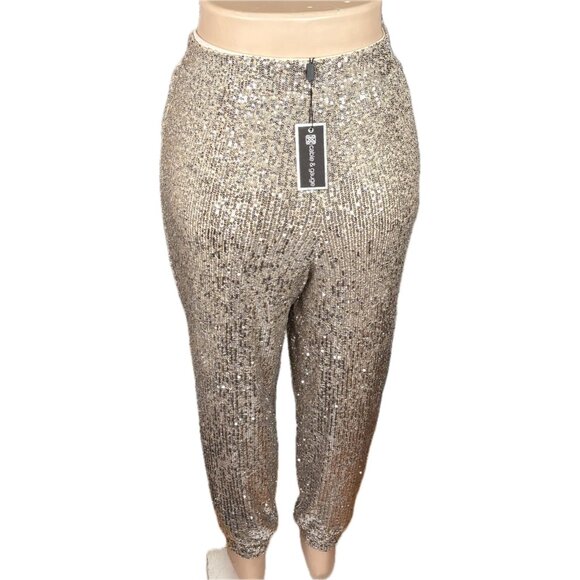 Cable & Gauge L Metallic Champagne Sequin Stretch Waist Pockets Pull- On Joggers - Picture 4 of 7